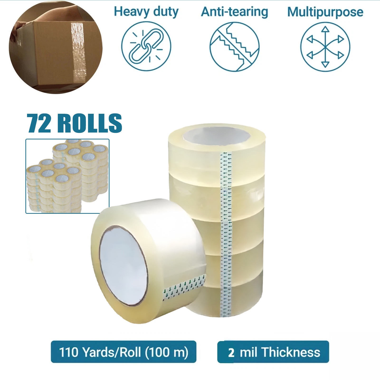 72 Rolls Shipping Packaging Box Packing Sealing Tape 2 mil 2" x 110 Yard 330FT