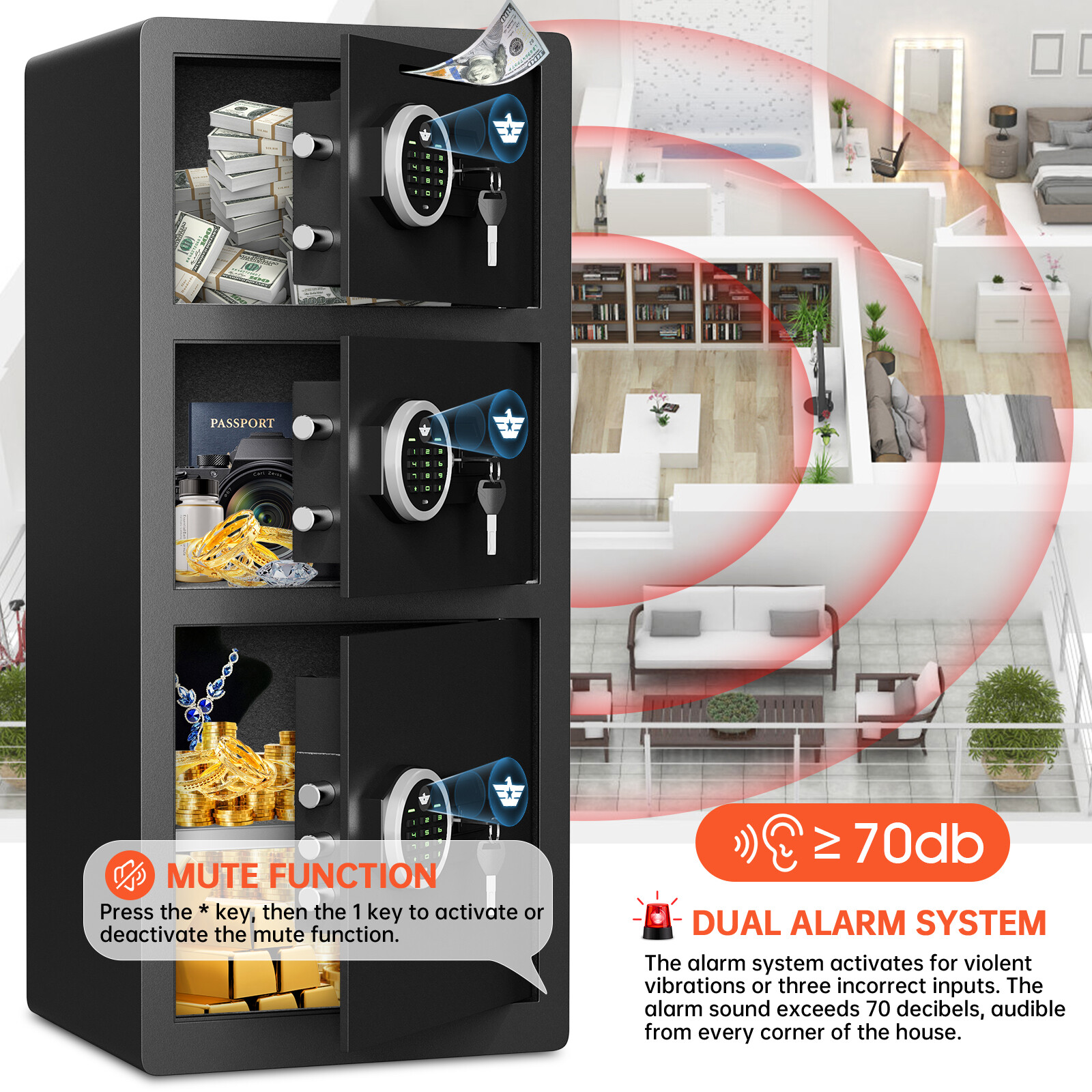 Safe, 8.0 Cuft Triple Door Safe Box for Home with Drop Slot & Adjustable Shelf