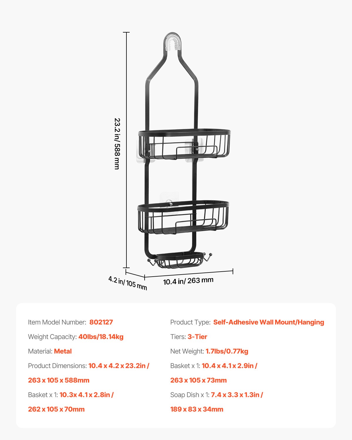 VEVOR Shower Caddy 3-Tier Hanging Bathroom Shower Storage Organization Shelves