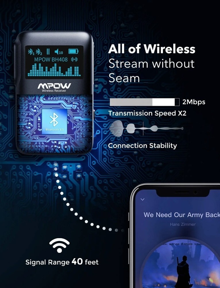 MPOW BH408A WIRELESS BLUETOOTH RECEIVER 3.5MM AUX IN