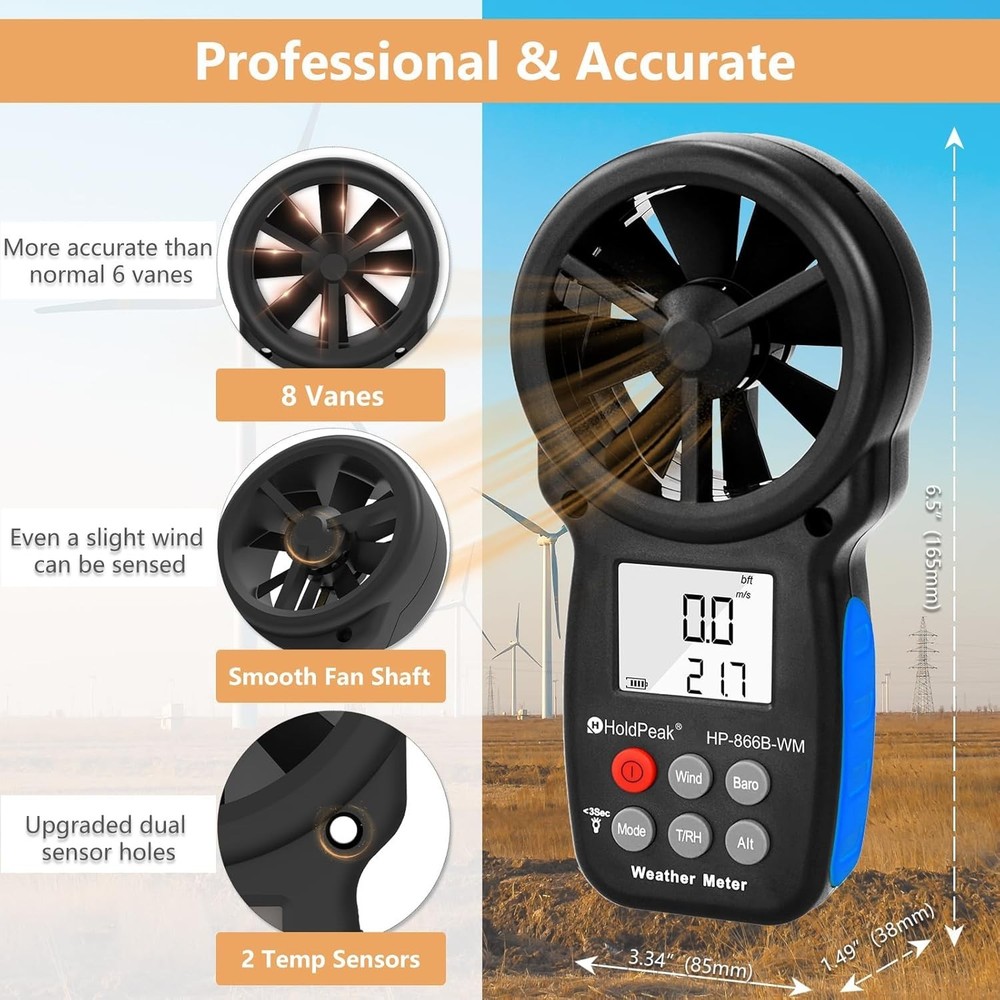 Professional Digital Anemometer - Wind Speed, Temp, Humidity