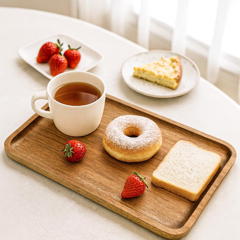 2 PCS 11.8x7.8 Solid Acacia Wood Serving Trays Rectangular Wooden Platters