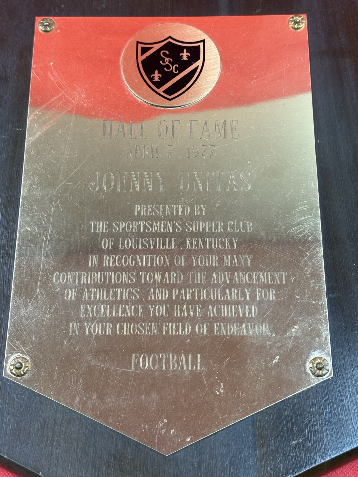 Original Johnny Unitas Personally Owned Award Plaque With COA
