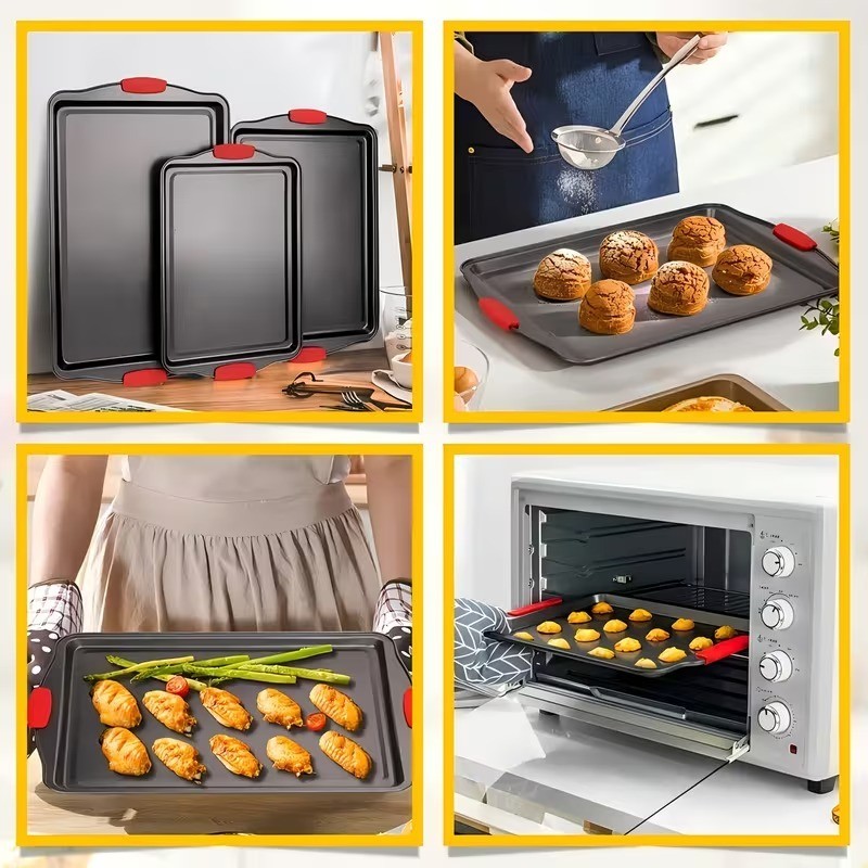 3PCS Kitchen Oven Baking Pans Nonstick Baking Sheets Set Metal Bakeware