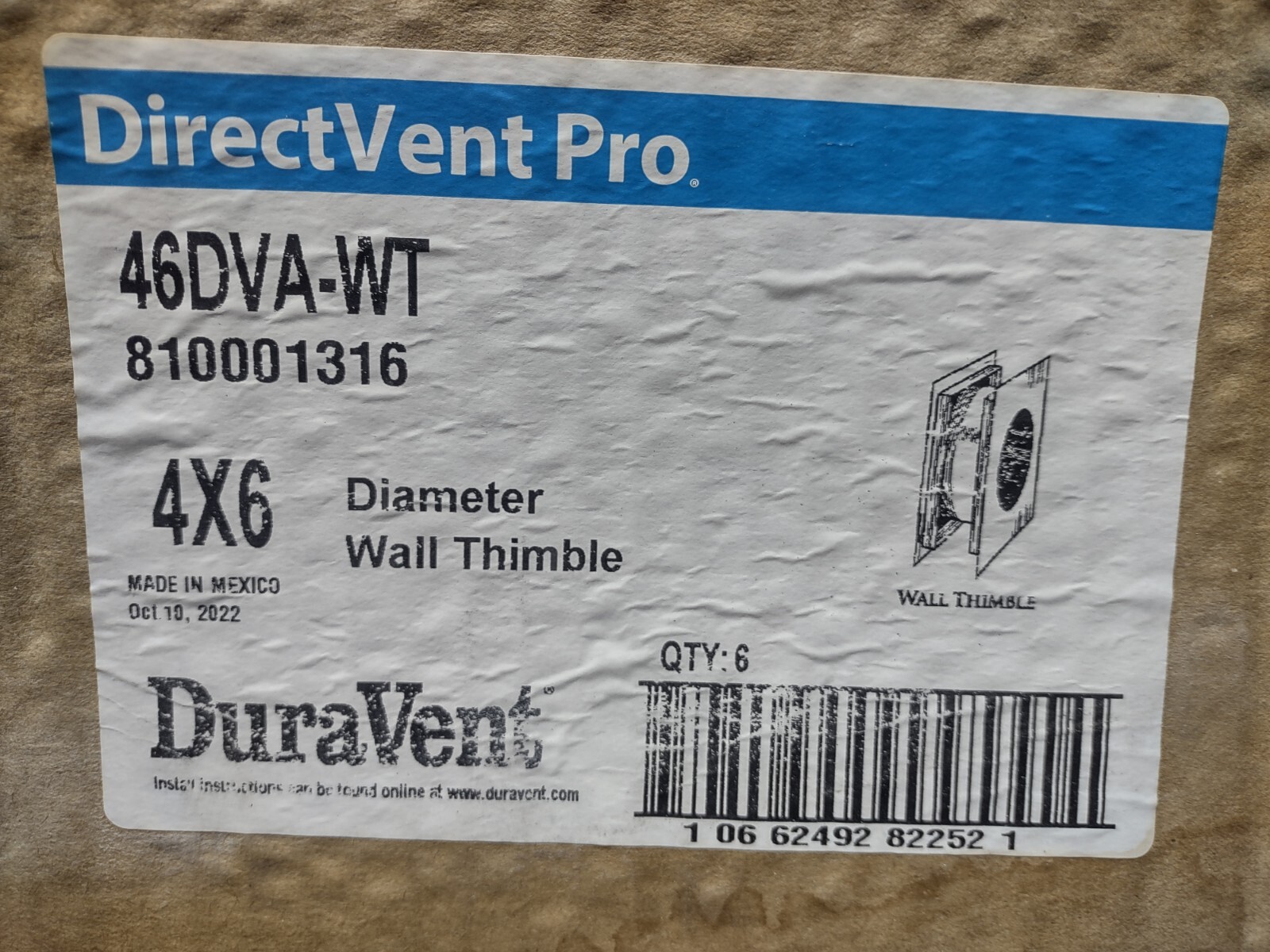 DuraVent 4" x 6” DirectVent Pro Galvanized Wall Thimble #46DVA-WT….NEW