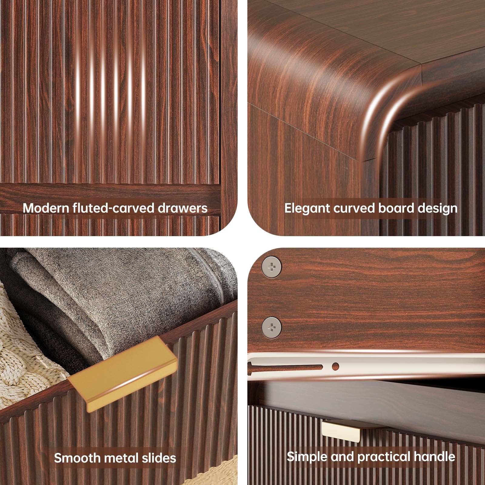 Fluted 5 Drawers Dresser for Bedroom, 48" Tall Wooden Modern Dresser,Dark Walnut