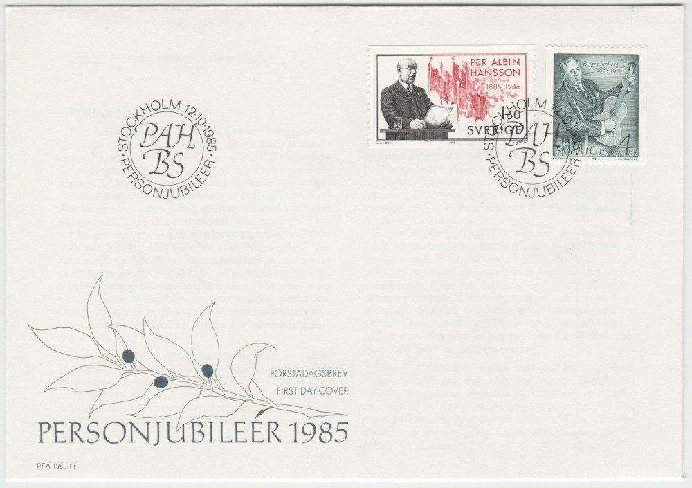 Sweden FDC 1985, Birthdays, Mint