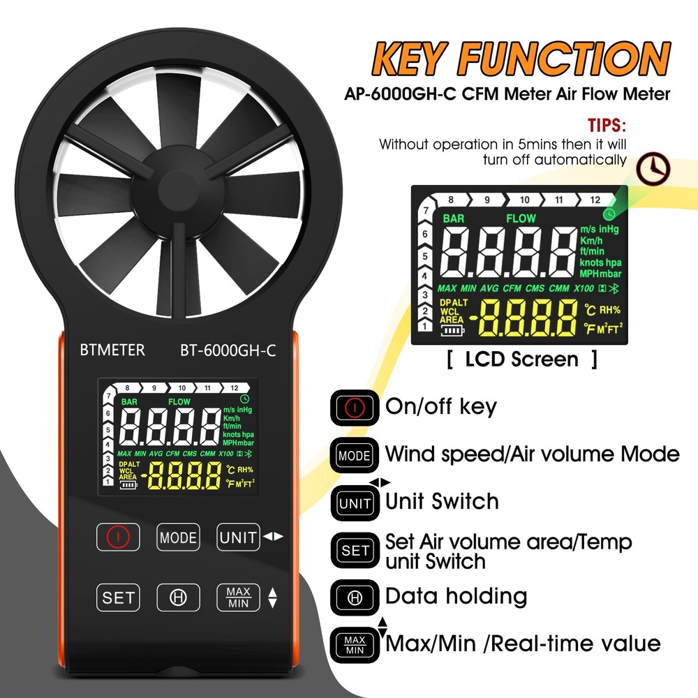 Precision Anemometer 0.3-30 m/s - Airflow (CFM/CMM) & Temp Gauge, Hold Function