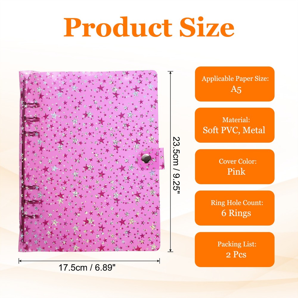 A5 Binder Cover, 2 Pcs Stars Refillable Notebook Shell with Snap Button, Pink