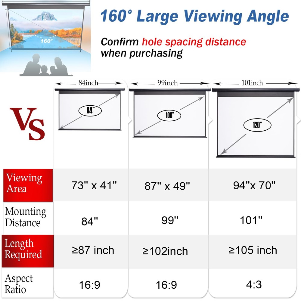 Pull Down Projector Screen Motorized 84 Inch 16:9 HD Electric Small Projector...