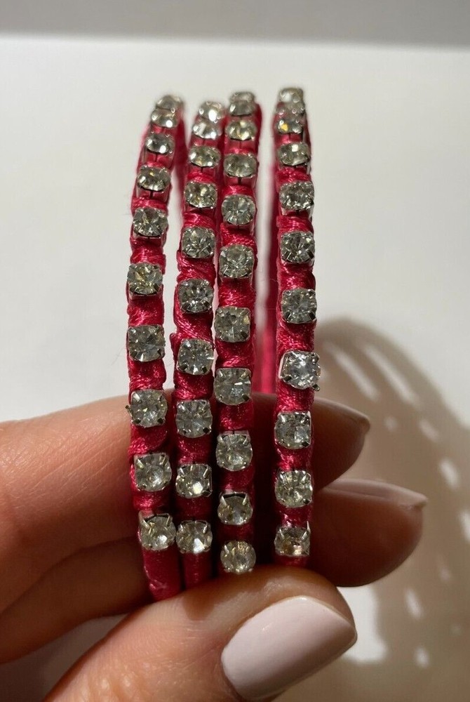 Summer Pink 4 Rolled Satin Rhinestones Stackable Bangle Bracelet DD1