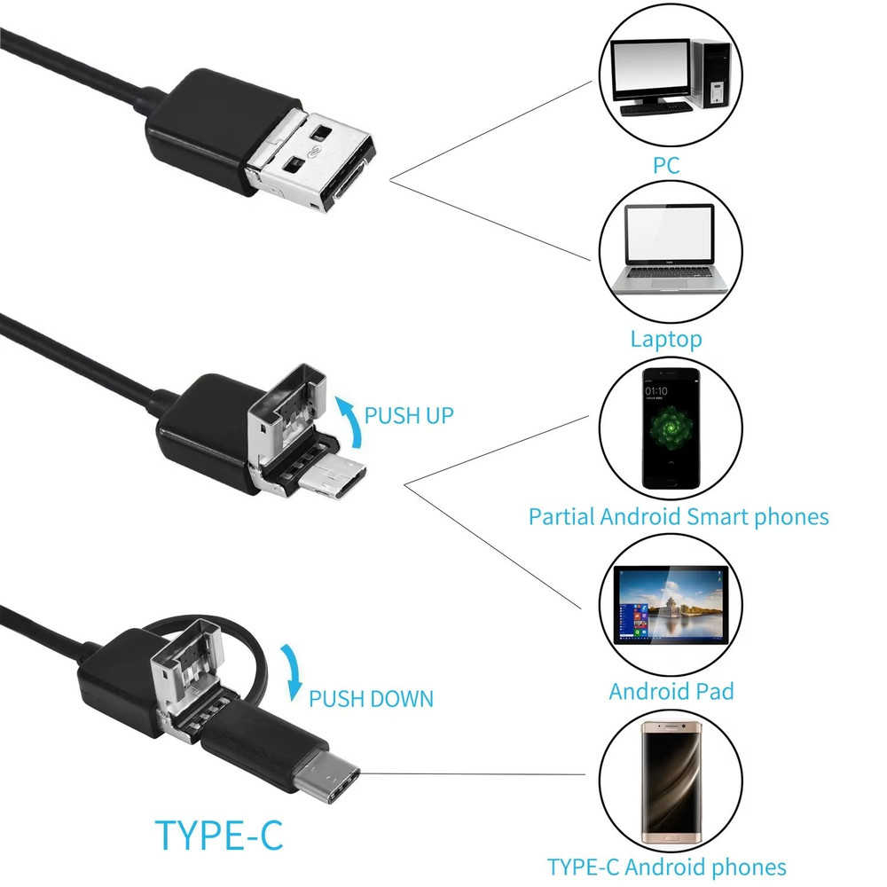 7mm HD Snake Endoscope Borescope Inspection Camera for USB Type C Android 1PCS