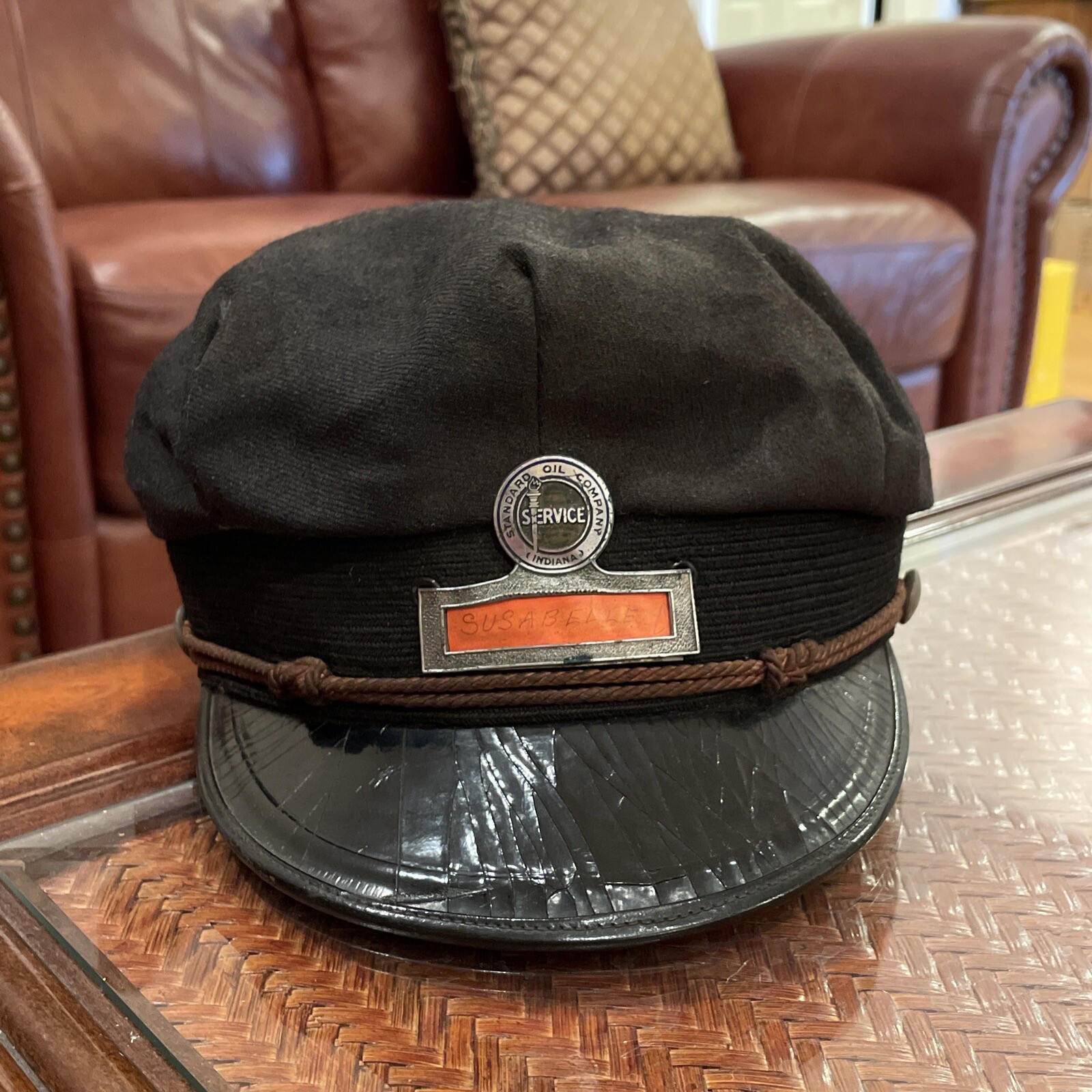 VINTAGE STANDARD OIL Indiana CO METAL ENAMEL SERVICE NAME GAS Hat Marshall Field