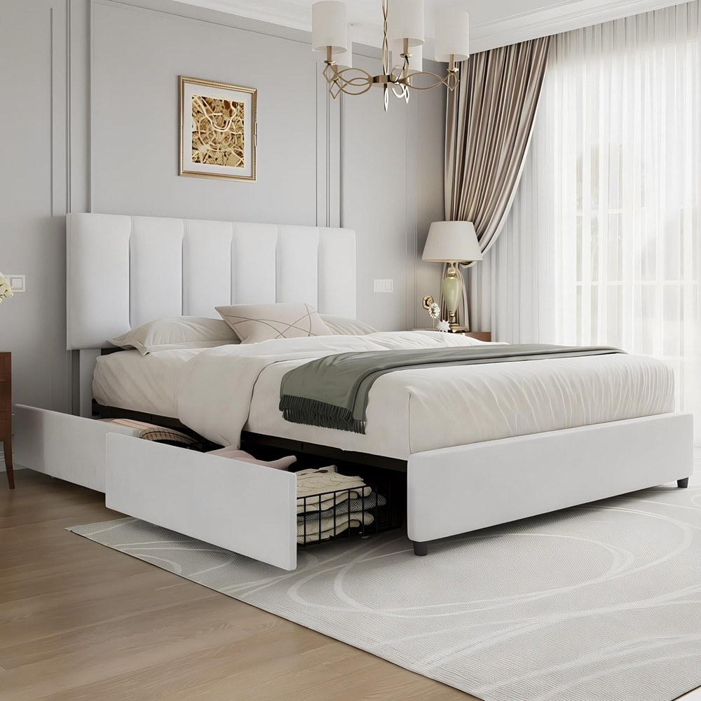 Queen Size Bed Frame with 4 Storage Drawers, Adjustable Height Headboard, Hea...