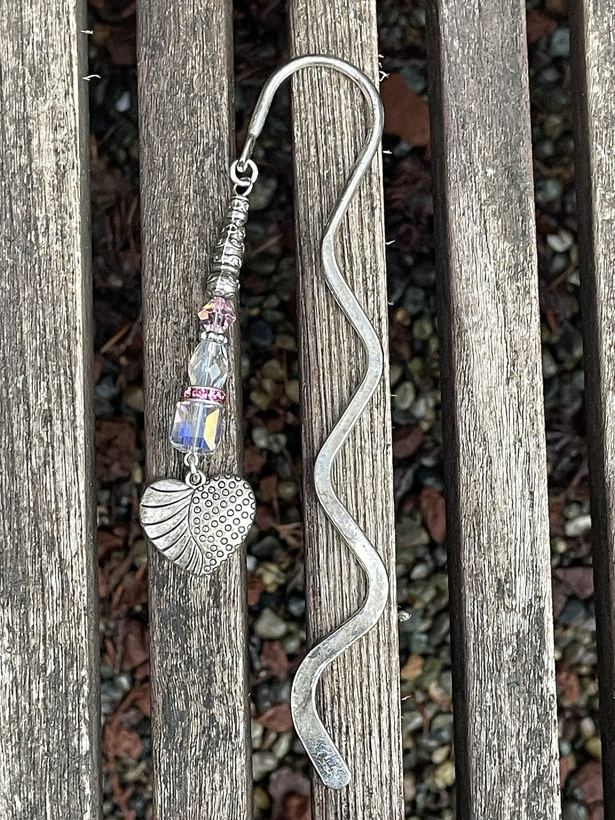 Heart Beaded Bookmark Handmade Crystals Pink Silver Tone Artisan Free Shipping