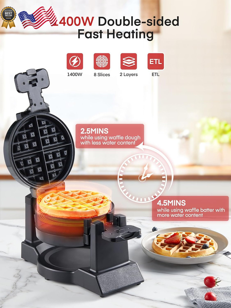 Commercial Hotel Double Belgian Waffle Maker Iron Rotating Baker Pan Machine US