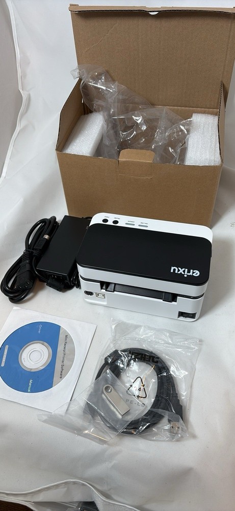 erixu Label Printer with USB Cable, Power Adapter, and Software CD
