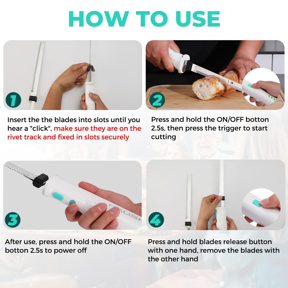 HAUSHOF Cordless Electric Knife 8V Rechargeable Meat Cutter Reciprocating Blades