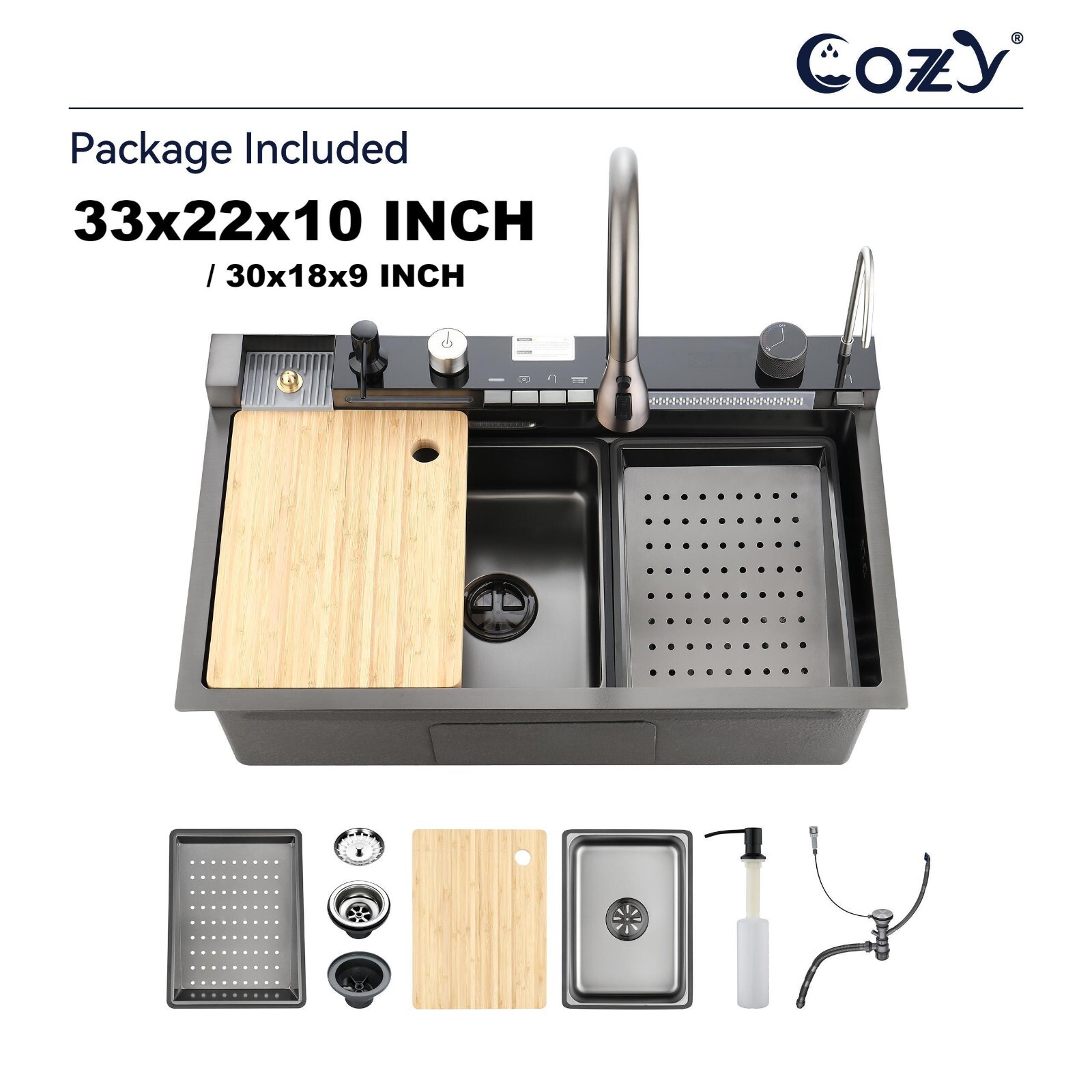 33"/30"  Multifunctional Workstation Overmount Kitchen Sink Faucet Combo