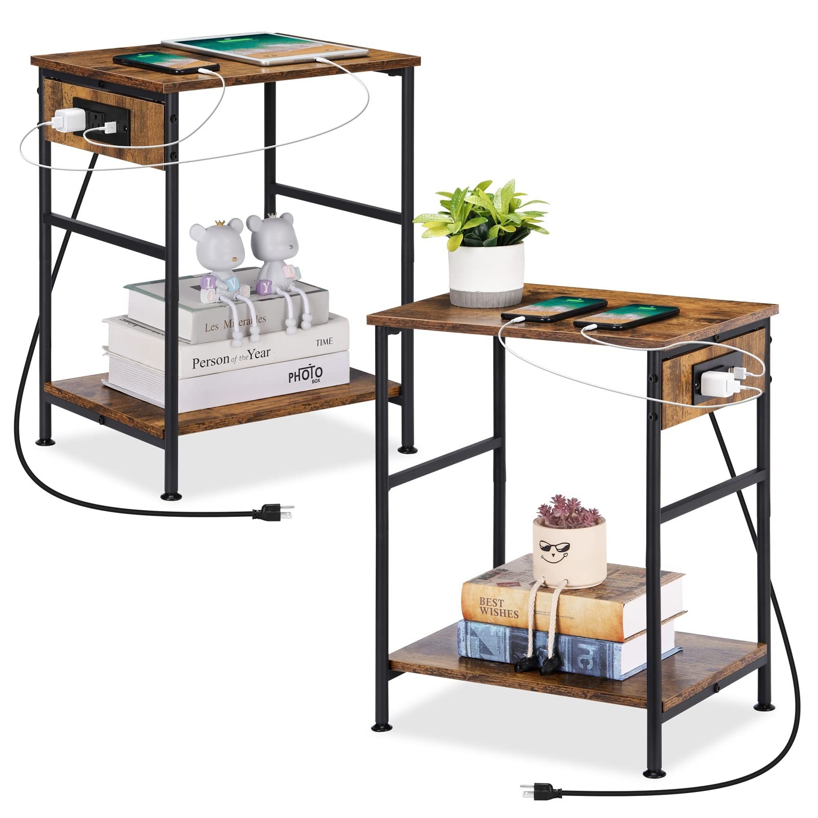 MOOACE Nightstands Set of 2, End Table with Charging Station, 2 Tier Narrow S...