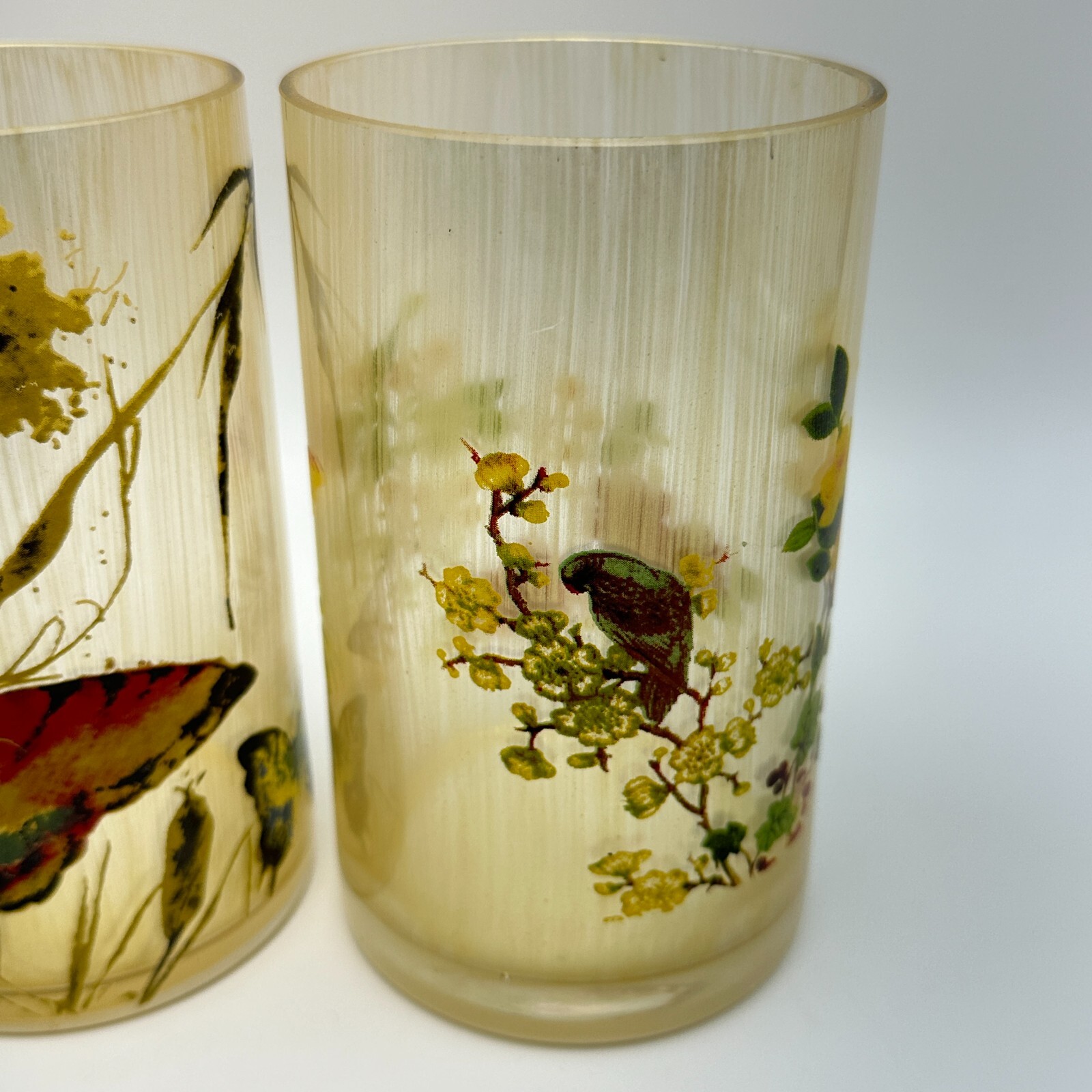 MCM Drinking Glasses Set Butterfly Floral Art Painted 6in Tall Vintage Decor