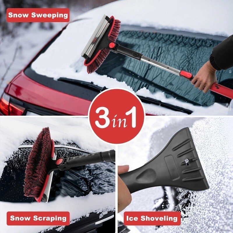 CarCarez Windshield Ice Scraper, Car Window Snow Removal Broom for Winter, Red