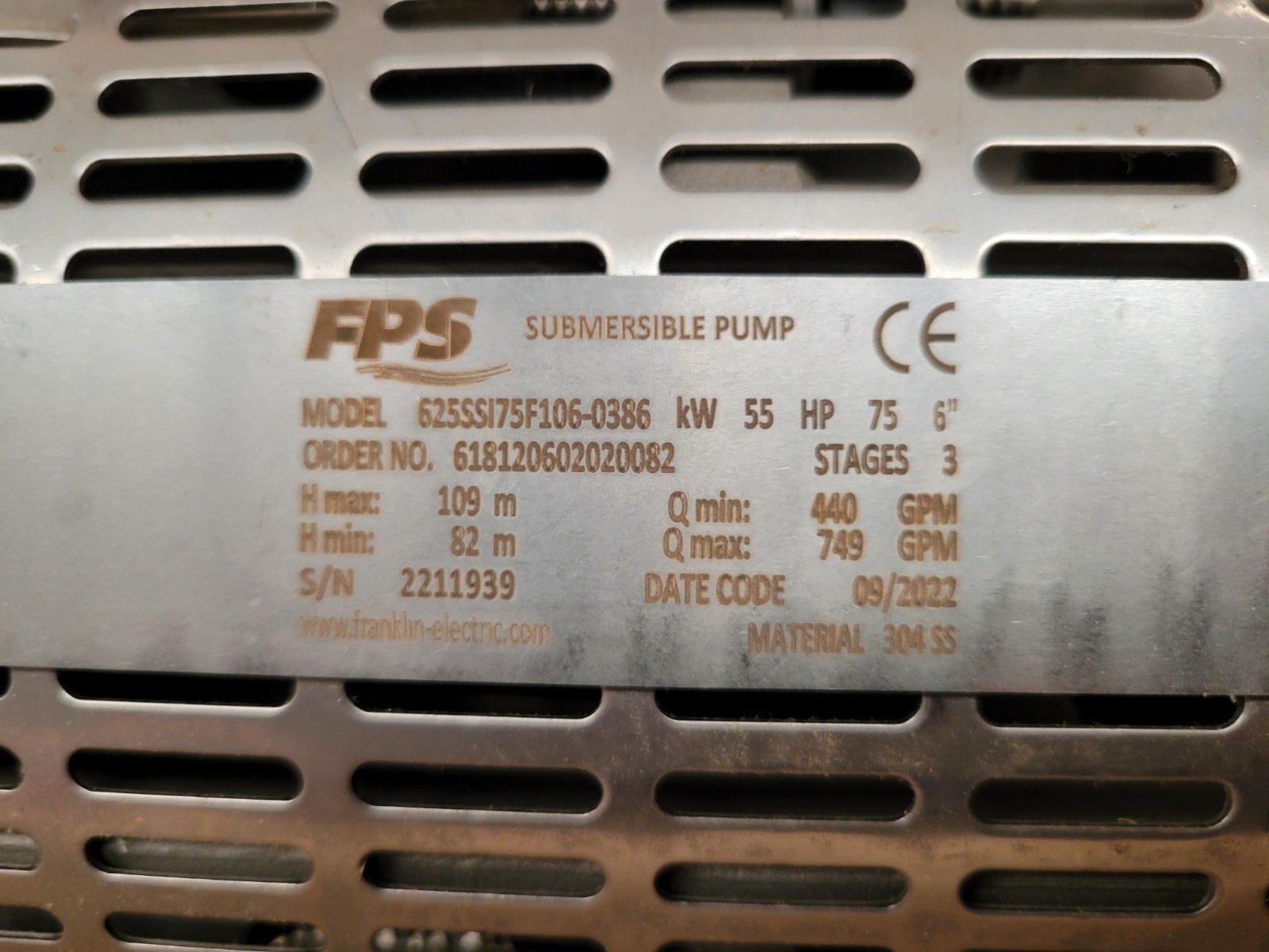 Franklin Electric 10-Inch SSI Submersible Turbine Pump 625 GPM 625SS75F106-0386