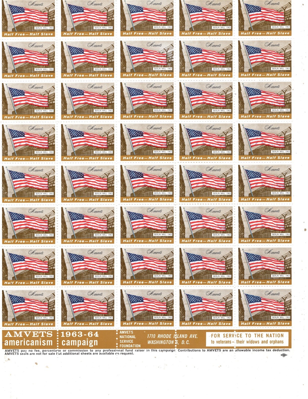 US Charity Stamp AMVETS American Veterans 1955 Thru 1964, 10 Full Sheets MNH
