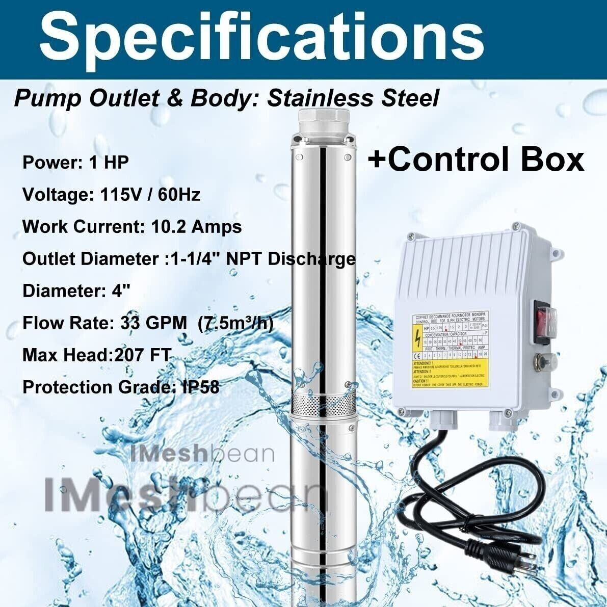 1HP 4'' Deep Well Submersible Pump 207' 33GPM 110V Stainless Steel w/Control Box