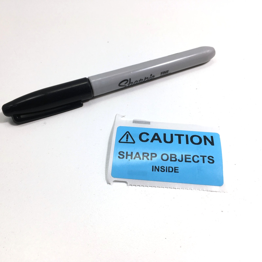 ⚠CAUTION SHARP OBJECTS INSIDE Warning Sticker Label BLUE 2.25" L x 1.25" H