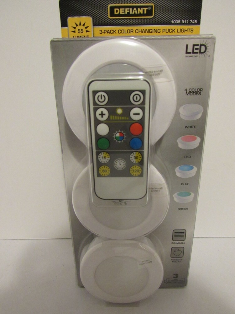 3-Pack Defiant Remote Control Color Changing Puck Lights Dimmable Adhesive Mount