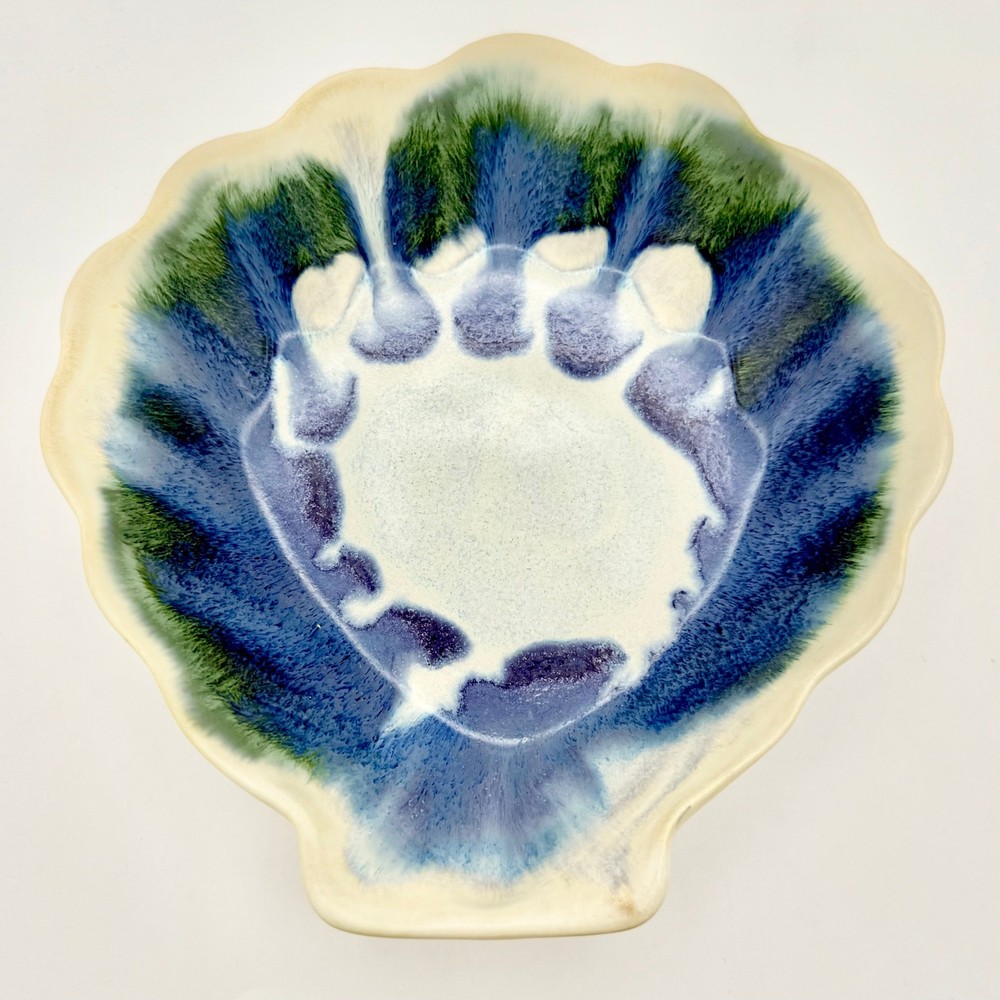 Studio Pottery Shell Dish – Signed SRP, Blue Green Drip Glaze, Handmade Ceramic