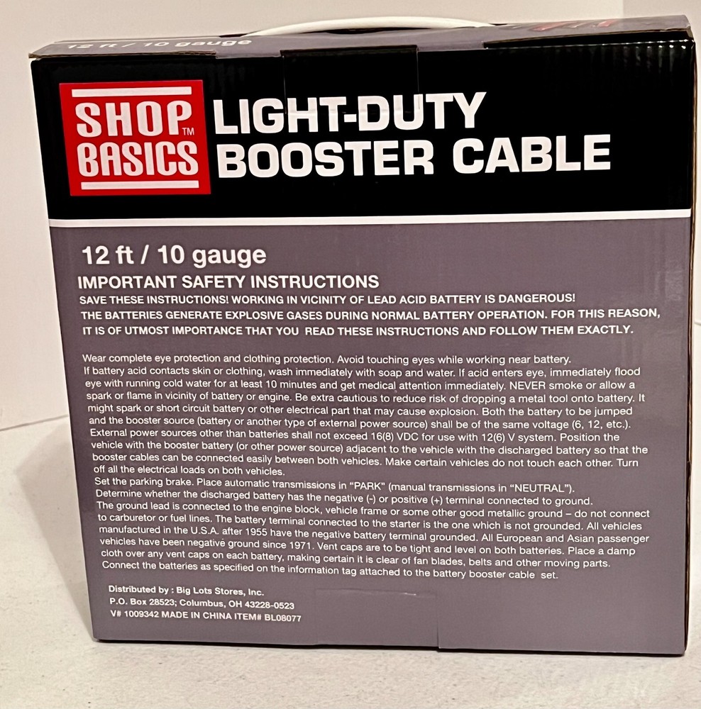 SHOP BASICS LIGHT-DUTY 12Ft. BOOSTER CABLE