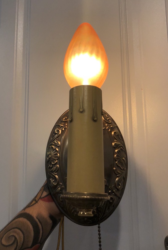 Wired Pair Antique Early Brass Sconces With Rare Pull chain Candle Switch 99A