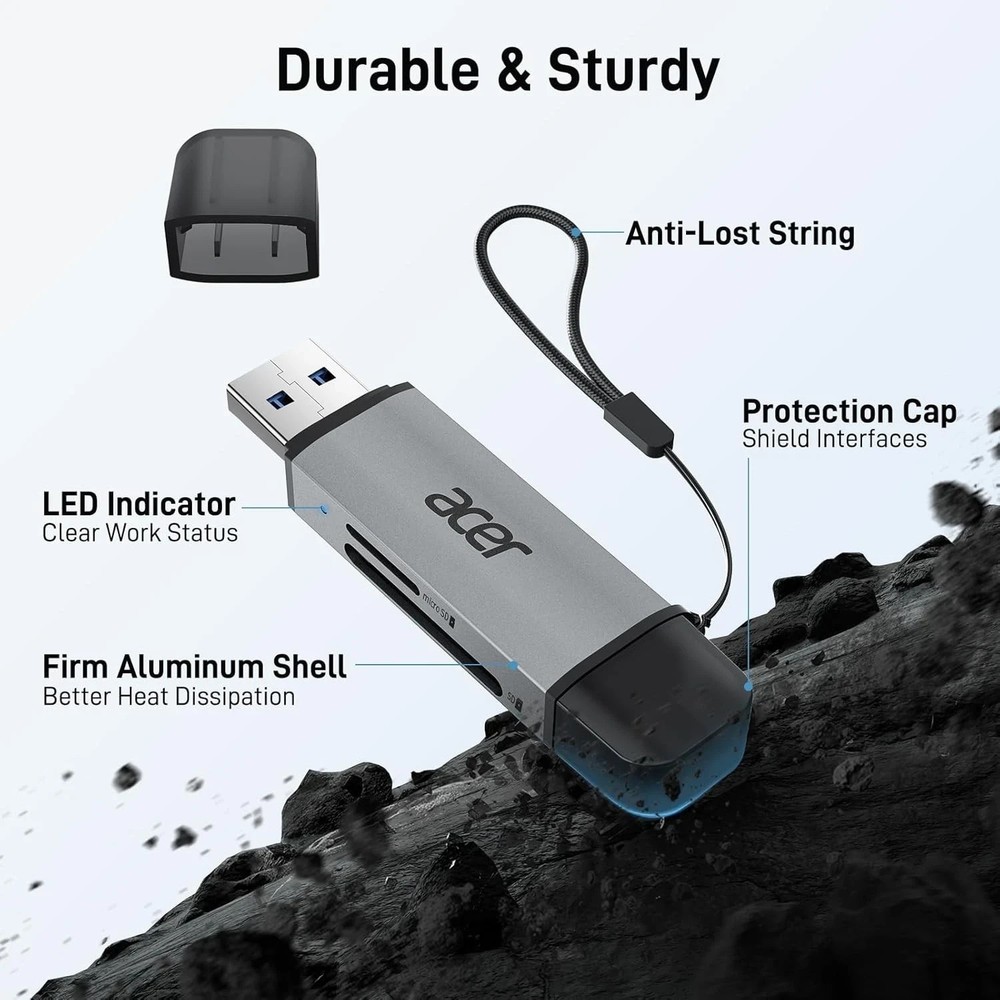 Acer SD Card Reader USB C, Dual Slots 3.0 Type C to Micro Grey