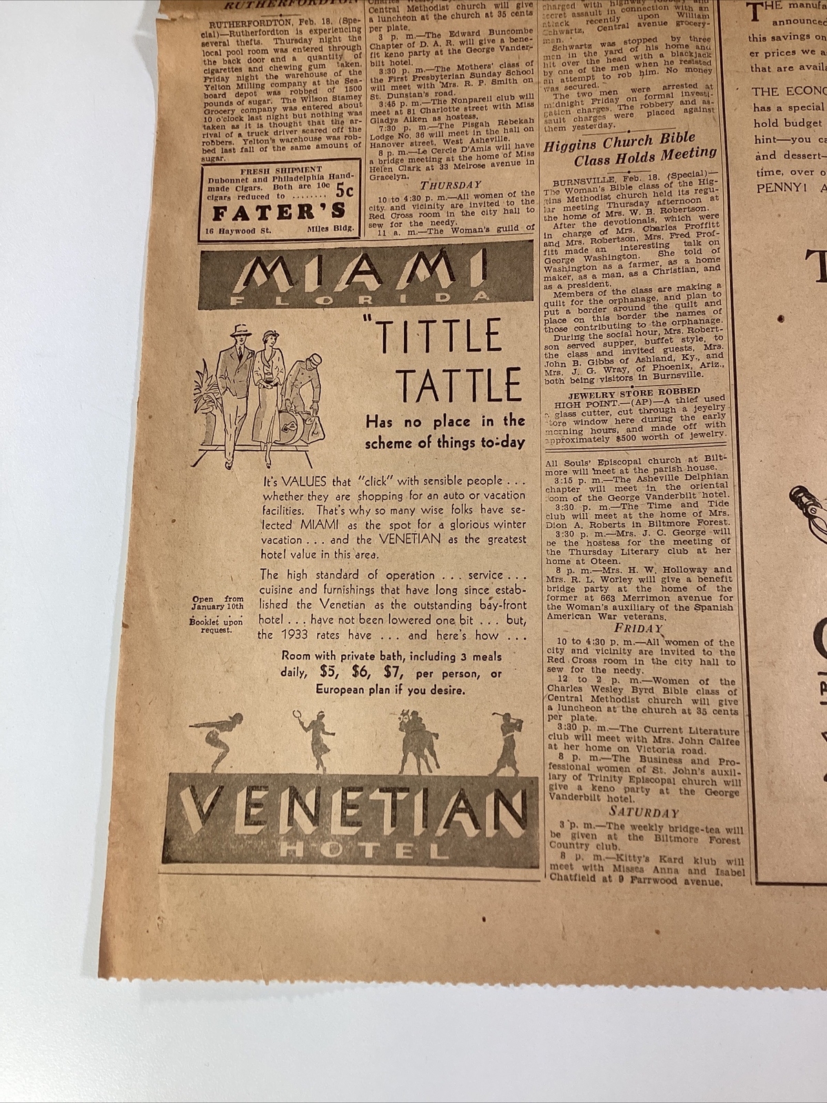 Ashville NC Newspaper Feb 19, 1933 Great Ads Women Miami Columns Carolina Power