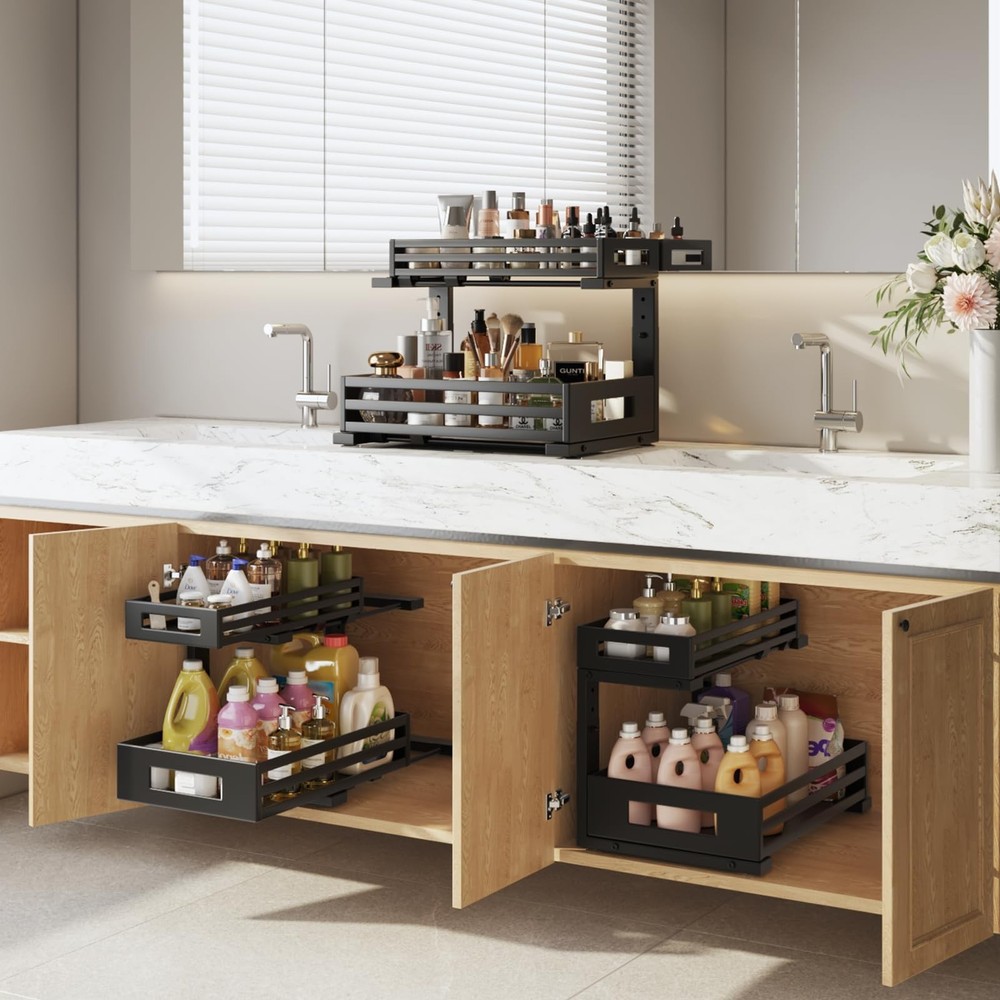 2-Pack Under Sink Organizer and Storage,2-Tier L Shape Pull Out Cabinet Organ...