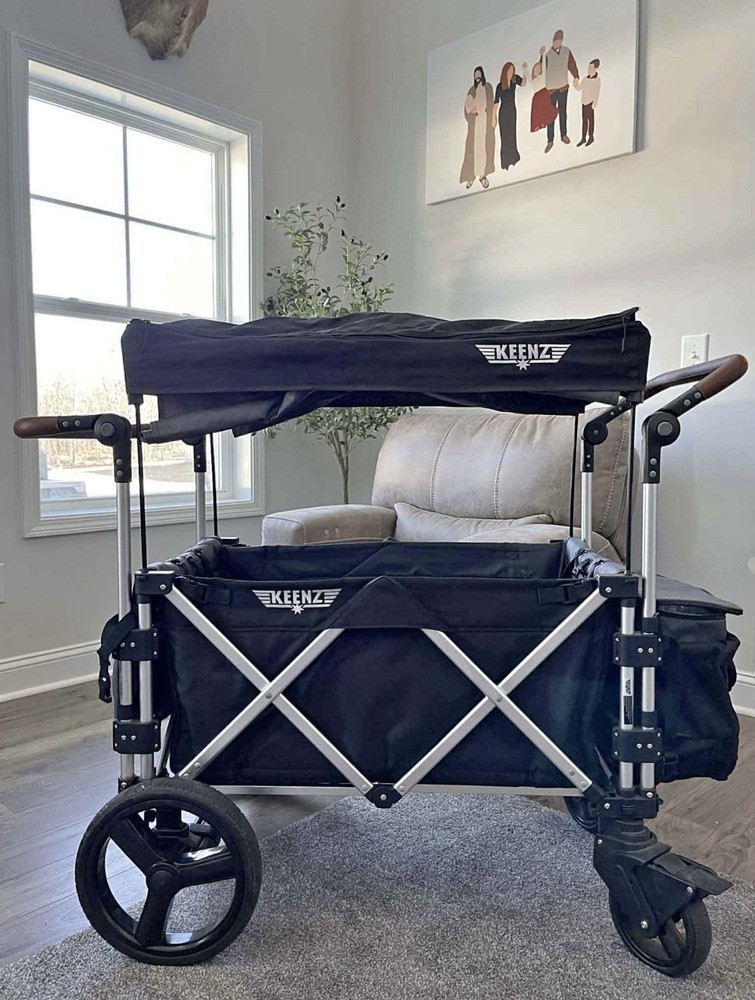 Keenz Pull-Along Wagon Stroller Black Double Seating Canopy Storage Rubber Tires