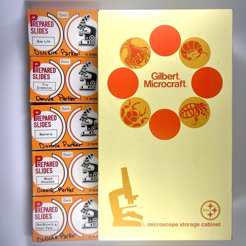 1970s Sears Microscope Prepared Slides & Gilbert Microcraft Cabinet Case Lot