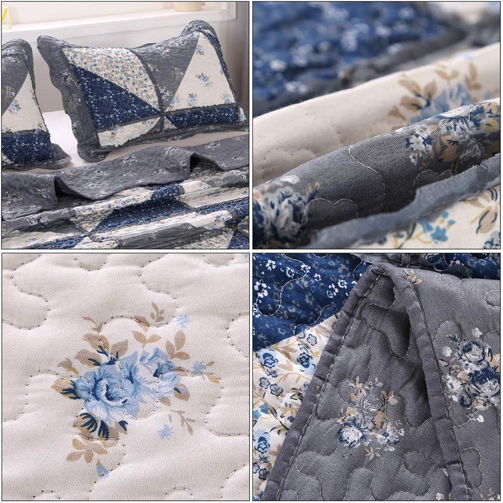 Full Queen Size Patchwork Quilt Set Grey Floral Reversible Size,