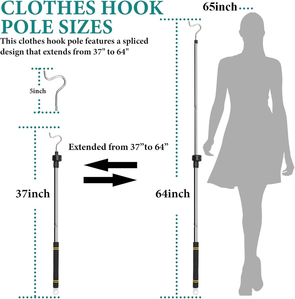 Clothes Hanger Reaching Hook Telescopic Adjustment clothes hook pole Light & can