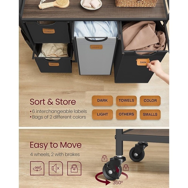 Spacious Mobile Laundry Cart W/ Removable Liners & Sorting Labels 4 Compartments