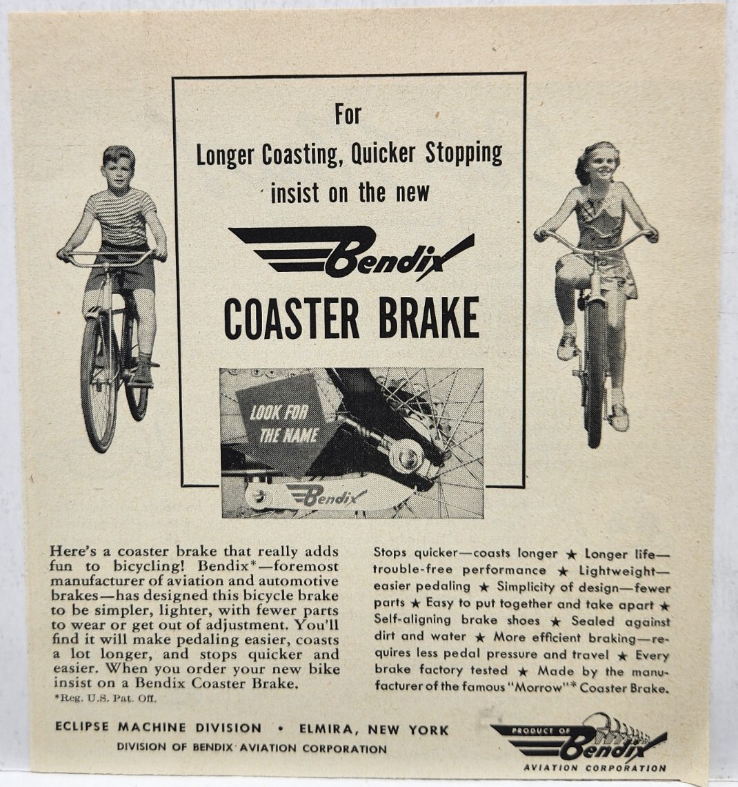 1946 Bendix Coaster Brake Bicycle Original Print Ad Elmira NY Life Magazine 40s