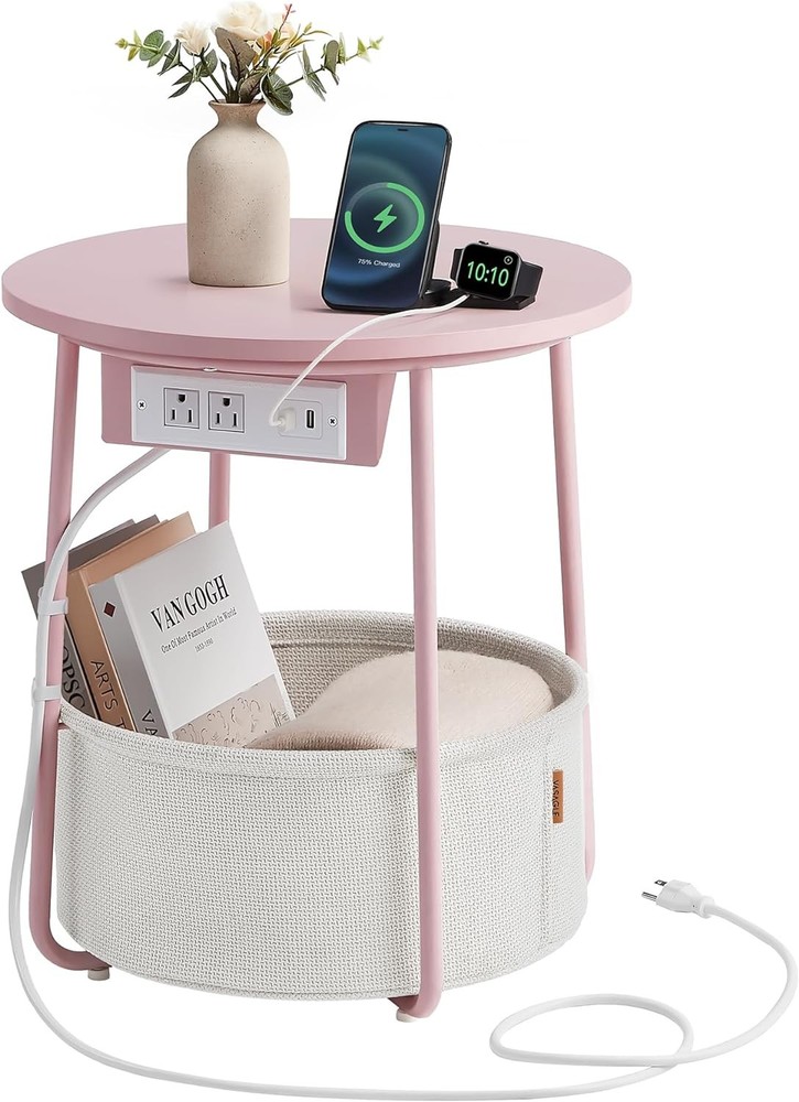 Durable Collection Side Table W/ Charging Station Round End Table Fabric Basket