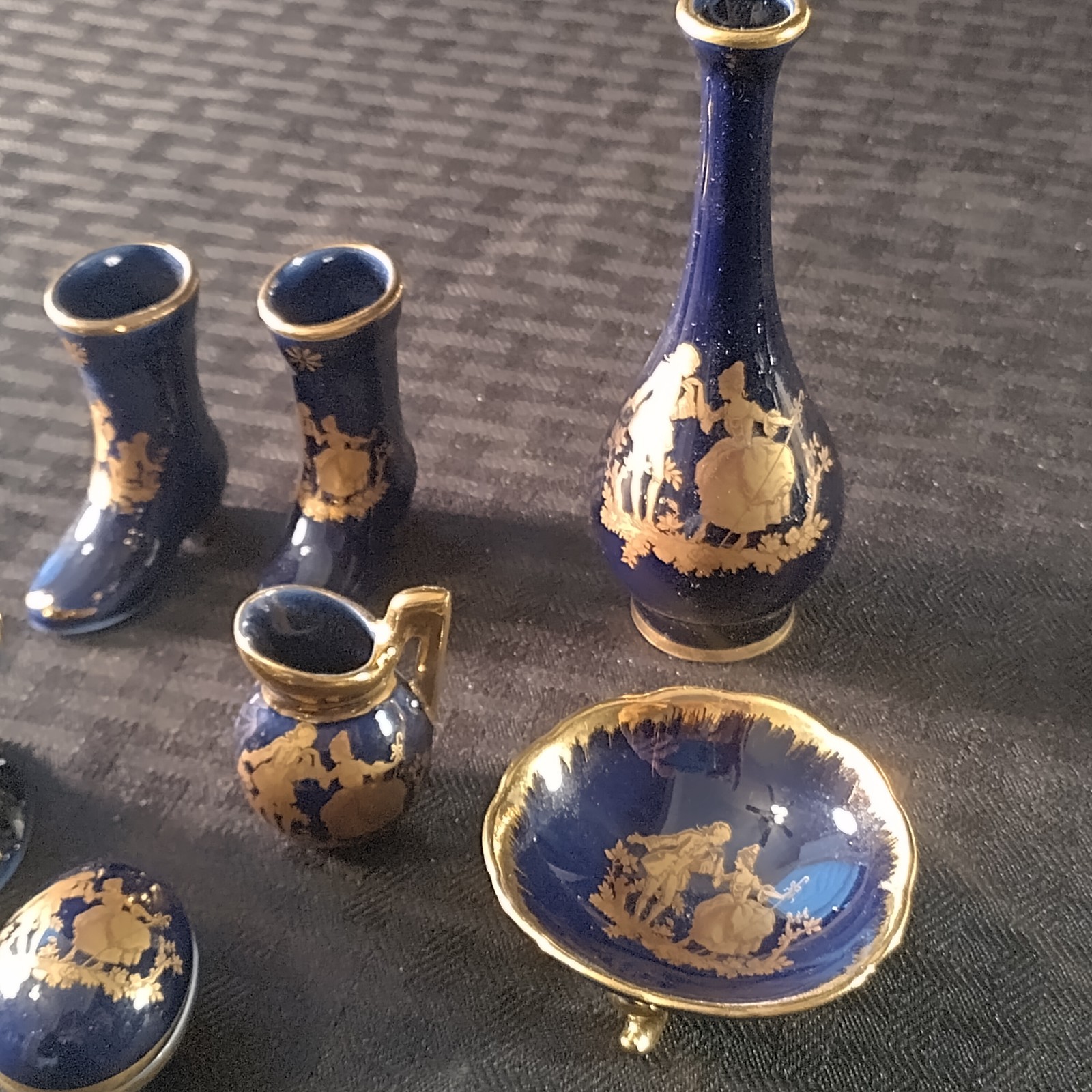 Limoges Cobalt Blue and Gold Miniatures Courting Couple Set Of 7 Pieces