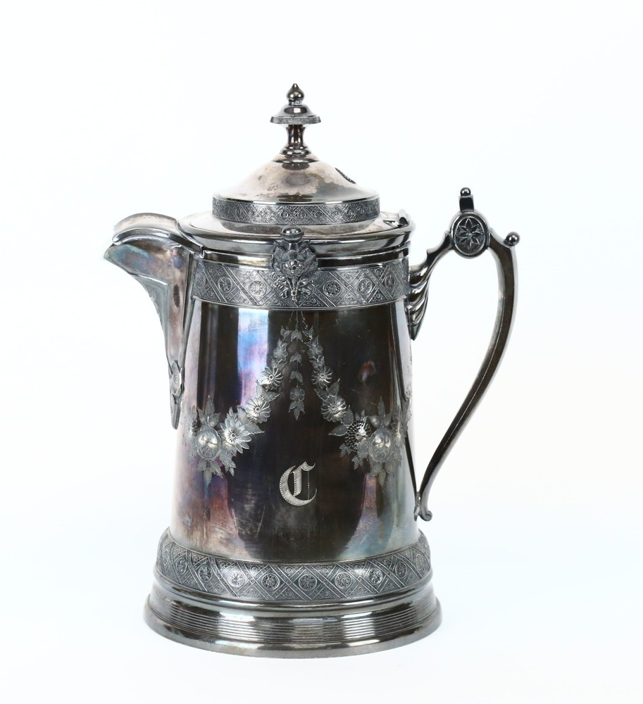 Large Late 19th C. Reed & Barton Silver Plated Water Pitcher with Ceramic Insert