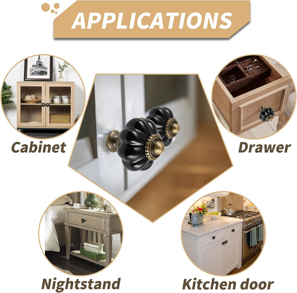 Black Pumpkin Knobs 6 Pack Ceramic Cabinet Knobs Vintage Drawer Pulls - Antique