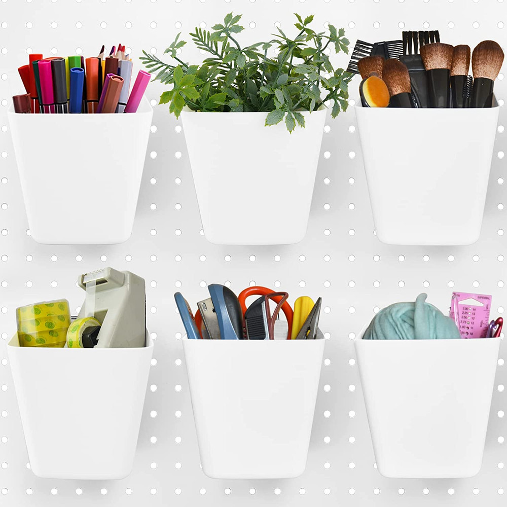 Large Pegboard Cups Peg Board Storage Bin 6 Pack with Hooks, Square Box Shape Pe