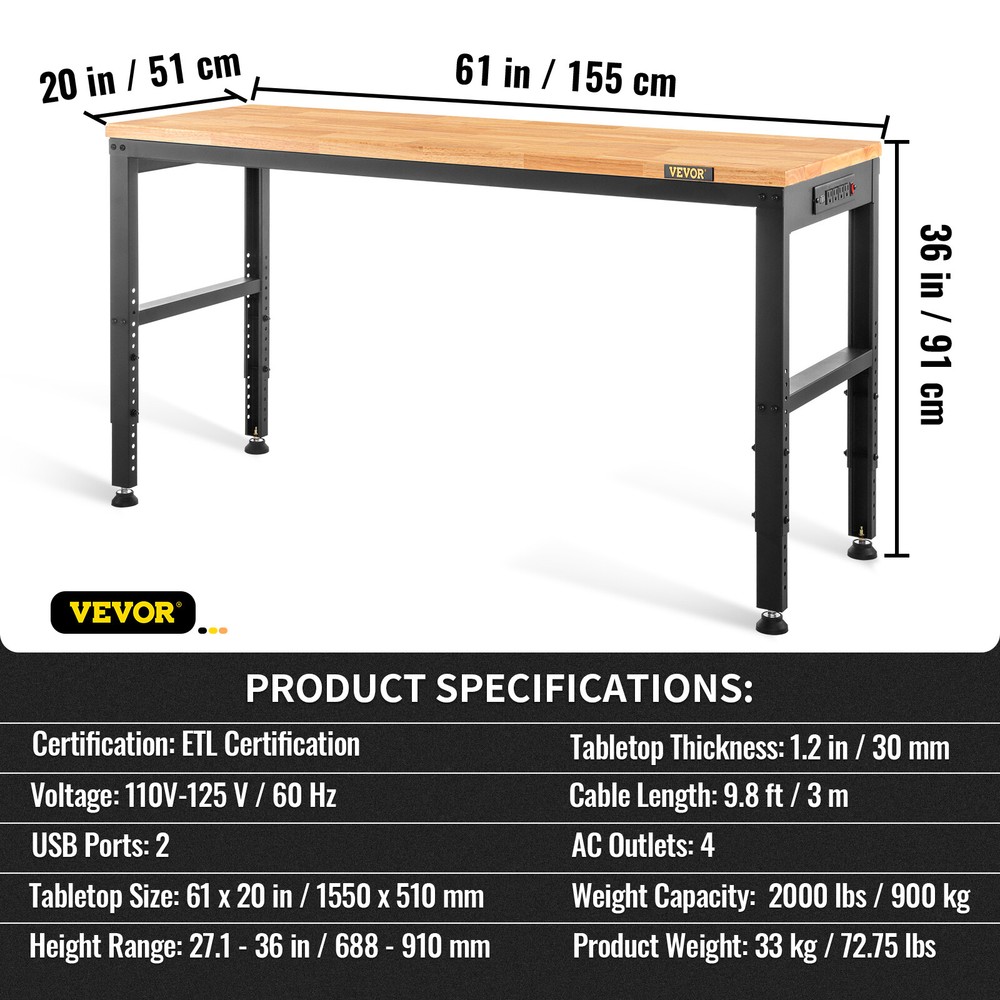 Adjustable Height Workbench 61"L x 20"W Work Bench Table w/ Power Outlets