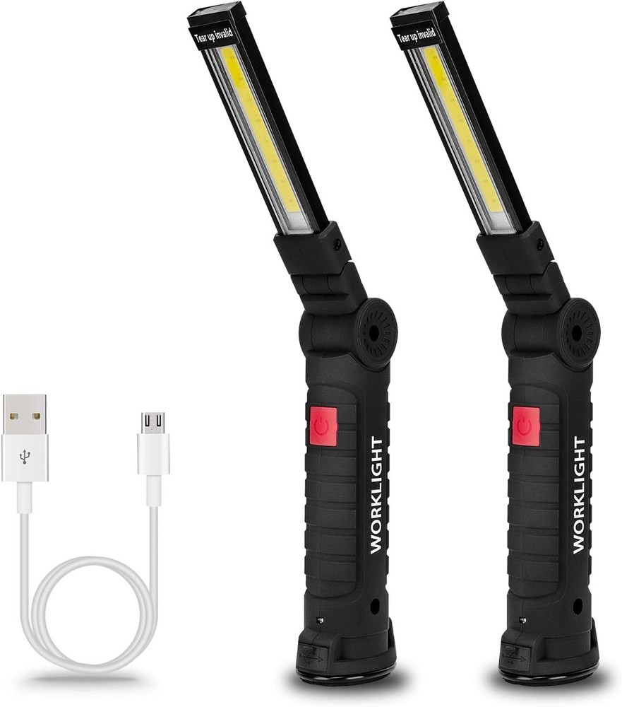 2 Pack Magnetic Base LED COB Work Light Rechargeable Mechanic Torch Flashlight